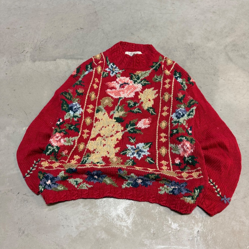 Vintage 90s Red Karen Scott Floral Embroidered Sweater